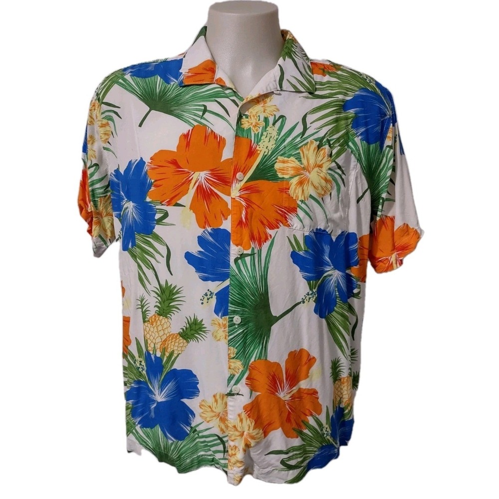 Cubavera Shirt XL Mens Tropical Hibiscus Pineapple Boho Retro Summer Beach White